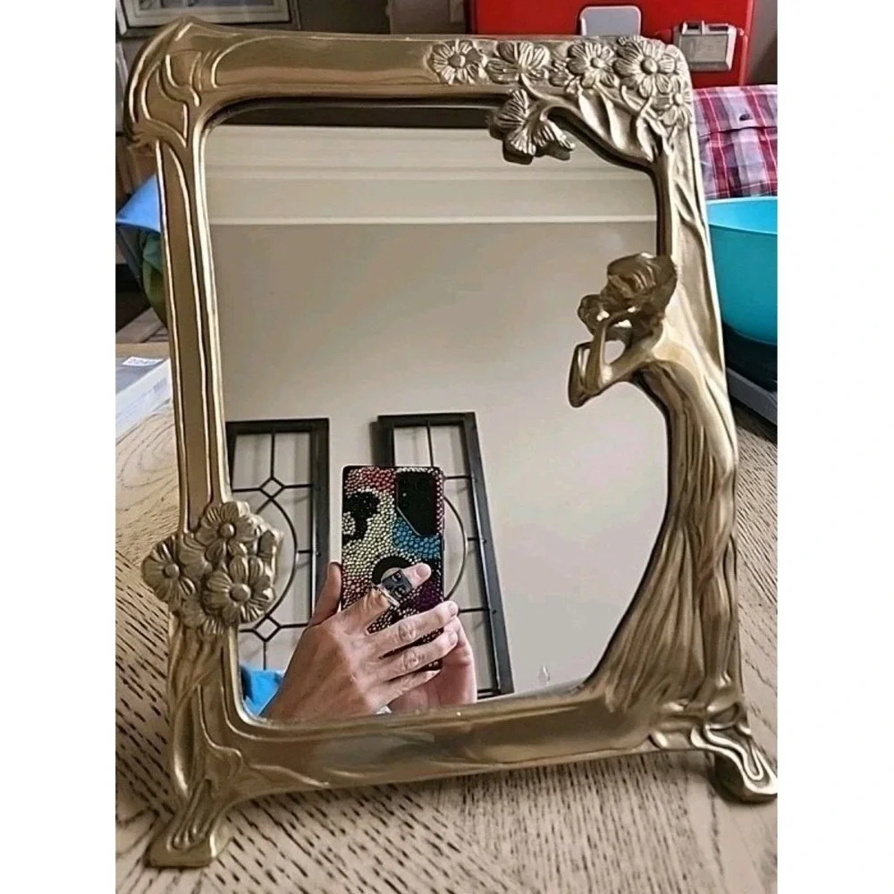 Vintage Lady Mirror Art Deco Nouveau Brass Vanity Table Top Mirror 9.5X12 Flower